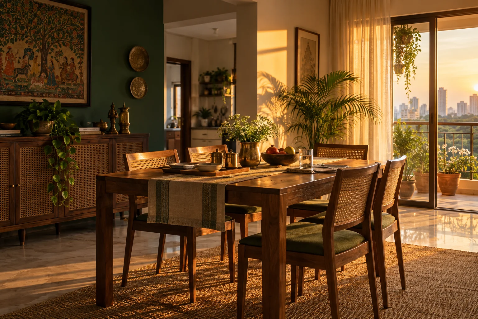 Sunlight pooling over a chair and rug