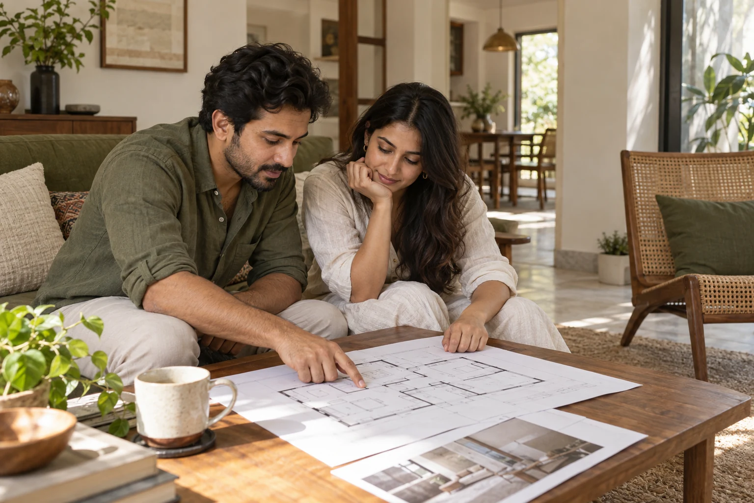Two homeowners considering their floor plan together