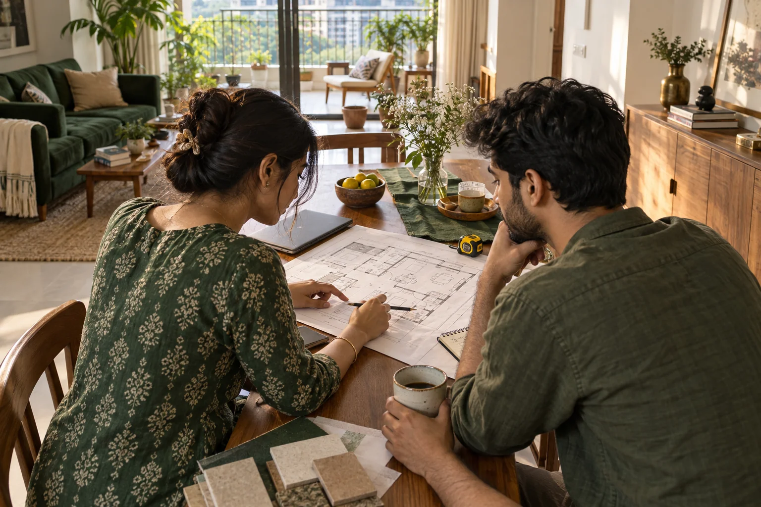 A printed home floor plan laid out on a table