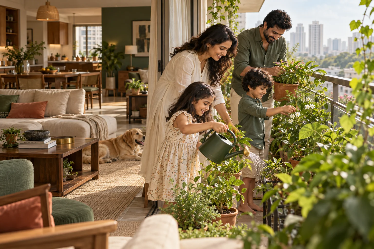 A family playing together in a lived-in home