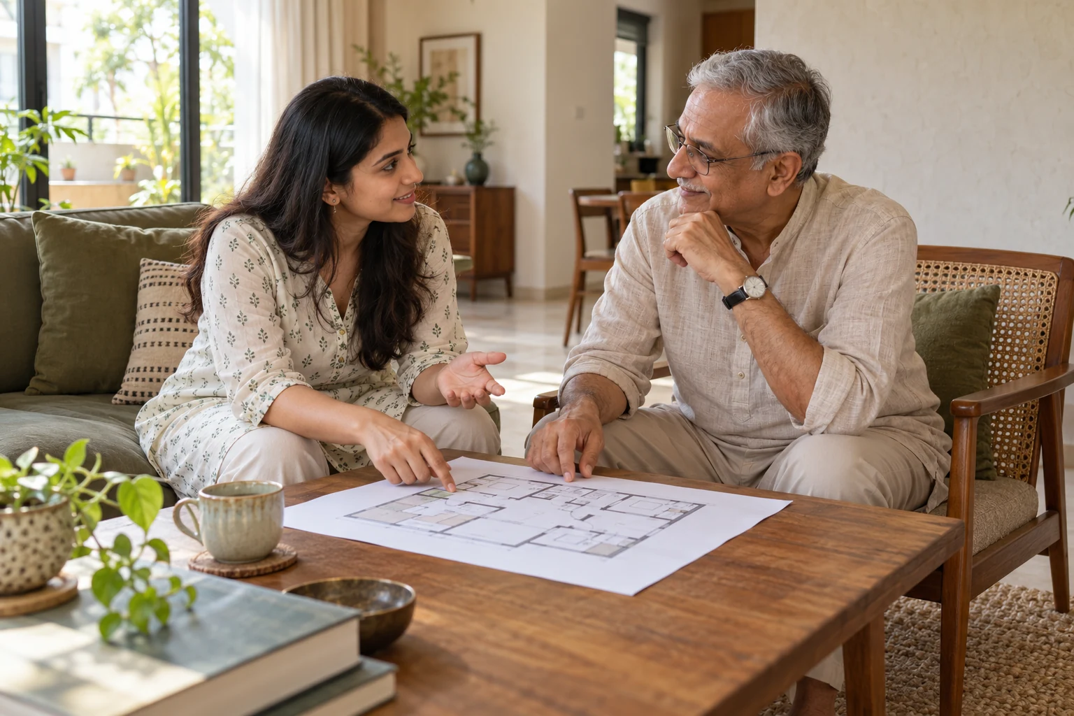 A woman and her father talking through a home floor plan