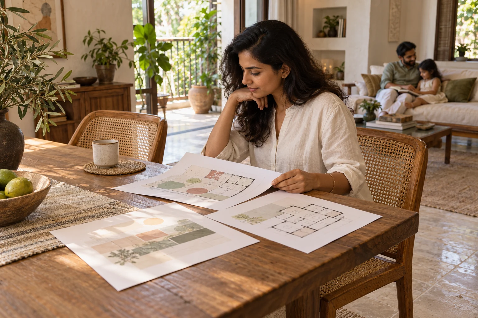 A homeowner reading printed plan and report pages