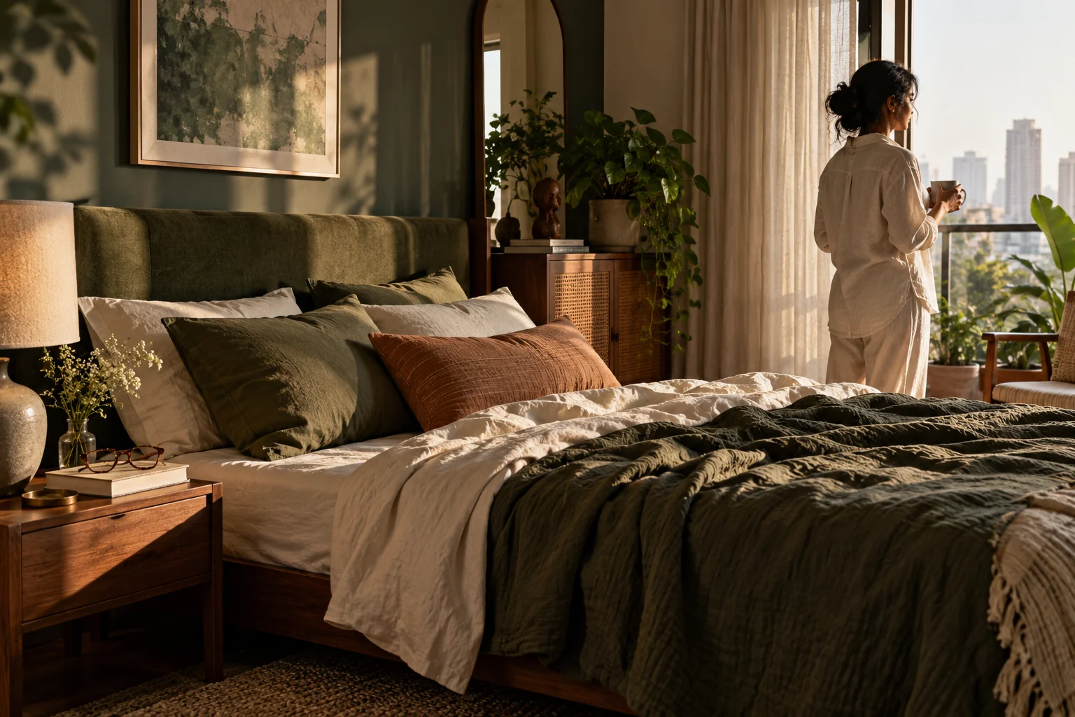 A calm bedroom in natural light