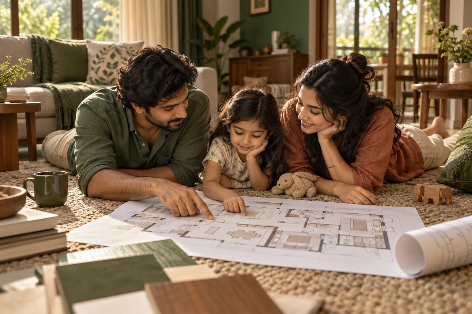 Family spending time together in the sitting room of their home