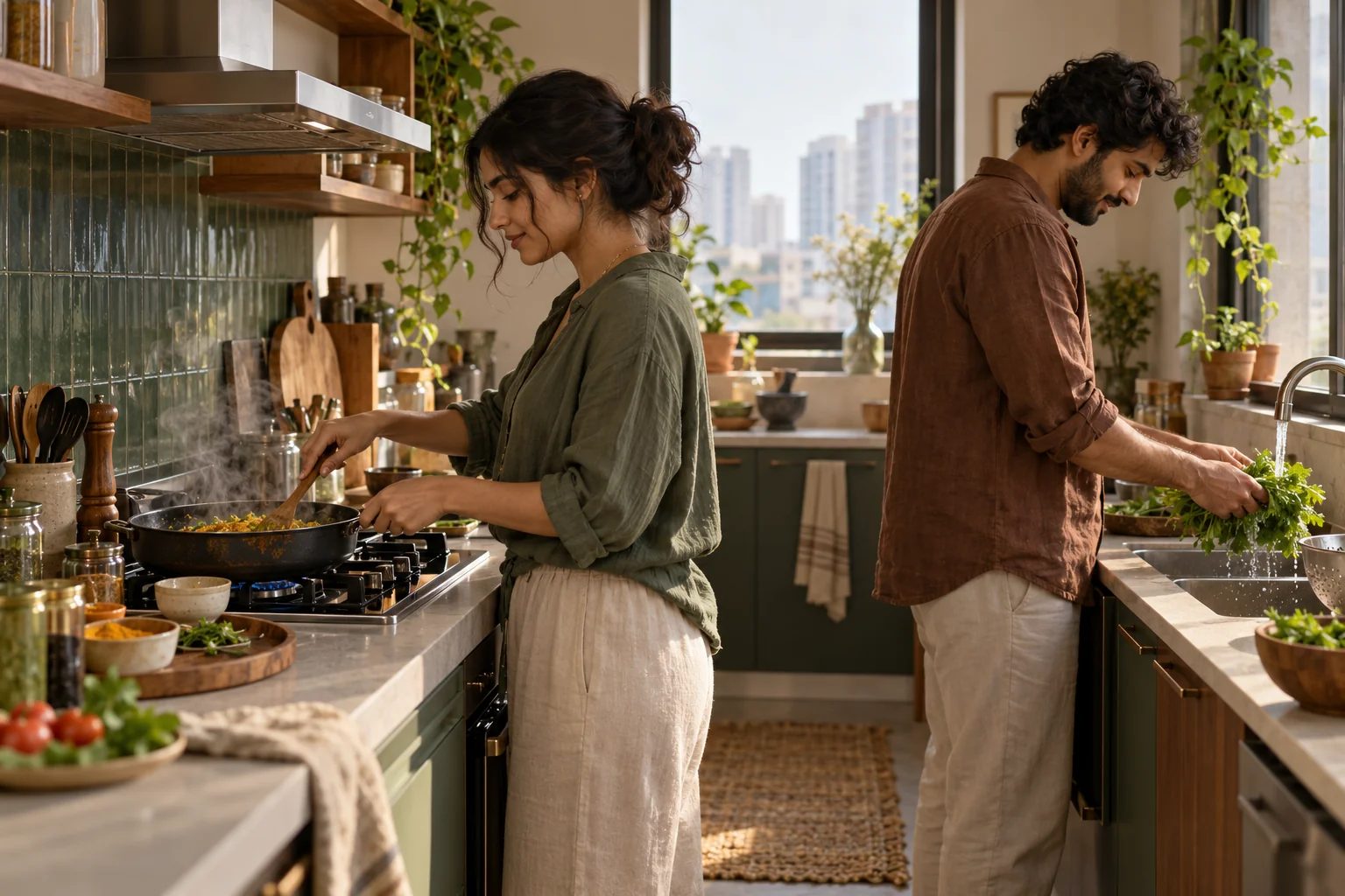 Woman cooking breakfast by a sunlit window